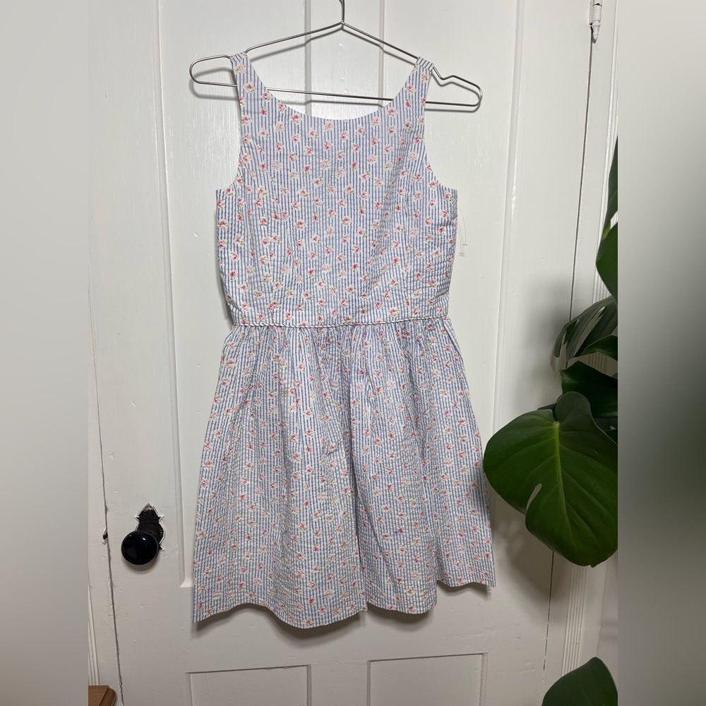Ralph Lauren Floral Seersucker Fit & Flare Dress Blue Stripe Pink Roses Size 14